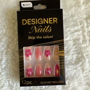 B.color Designer Press On Nails Pink Floral Ombre Gold Accent 12pc New